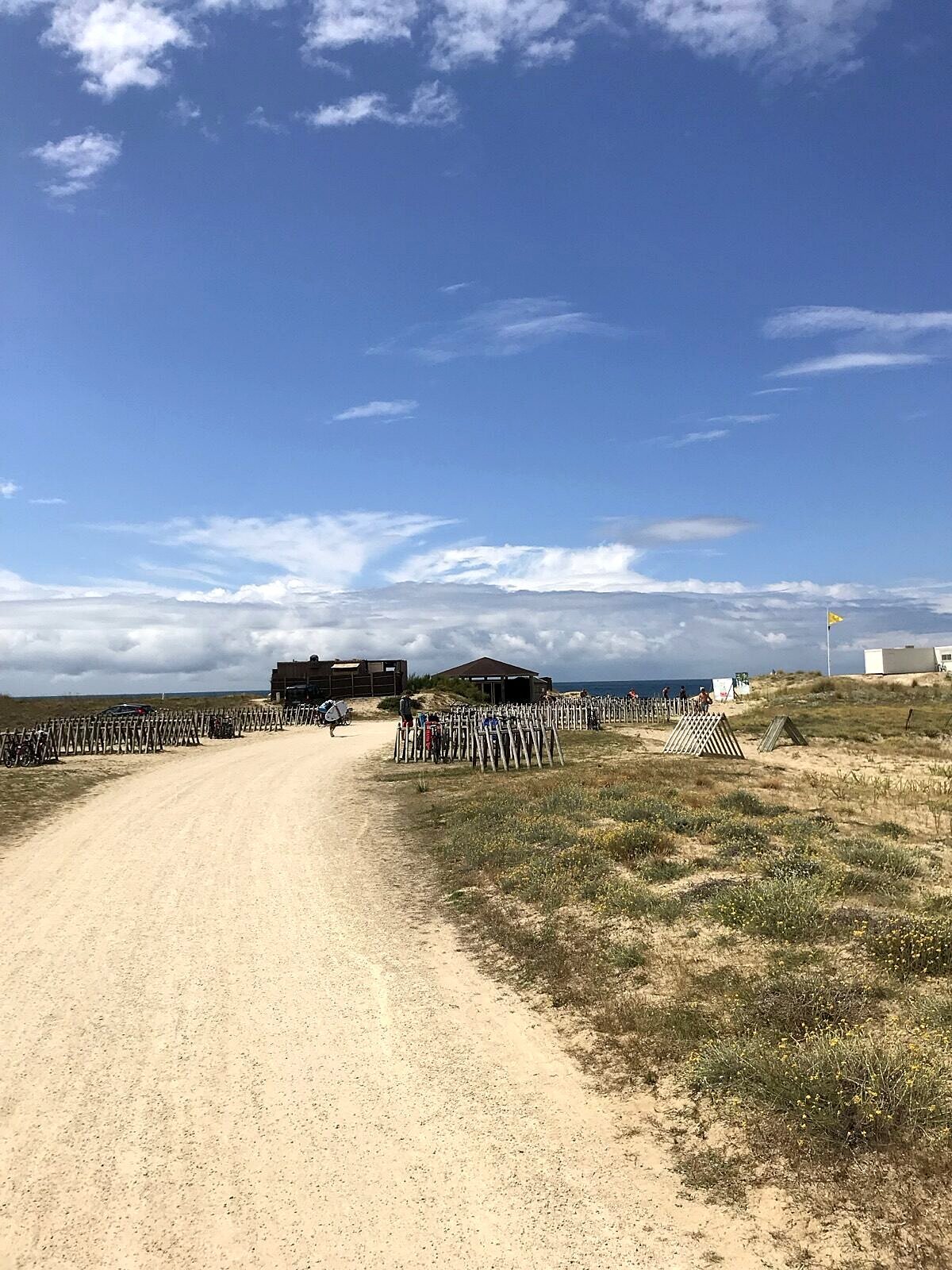 Sandweg zum Strand mit Fahrradständern voller Räder, im Hintergrund das Strand-Gebäude
