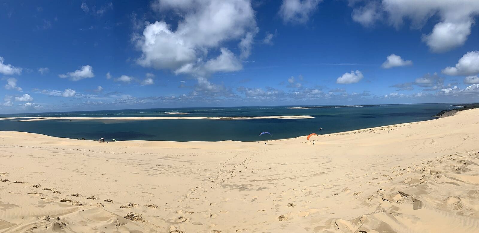 Panorama von der Dune du Pilat über den Atlantik mit der Sandbank Banc d'Arguin und Paraglidern