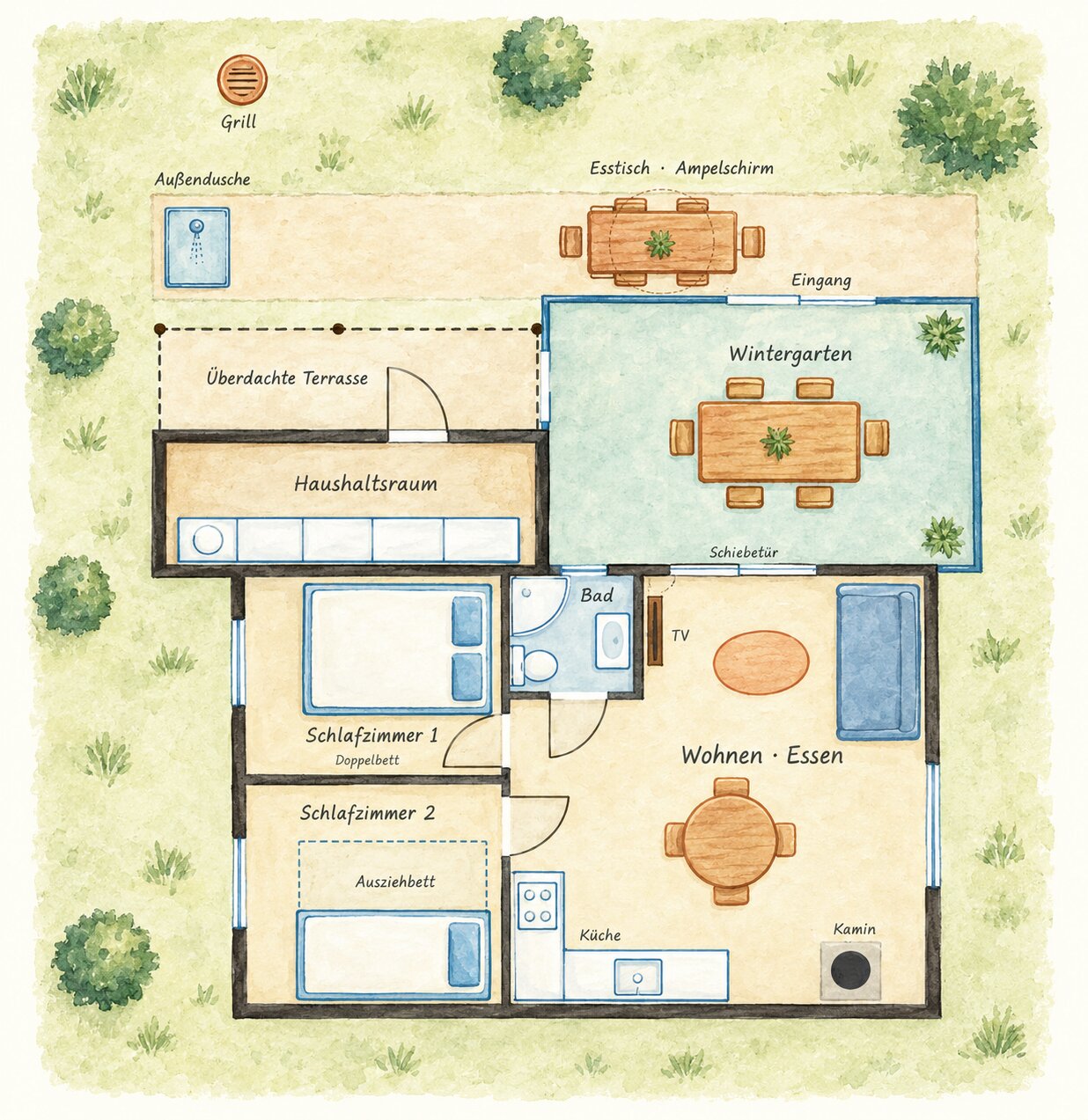 Grundriss Ferienhaus Egypte 7 Ost mit Wintergarten, zwei Schlafzimmern, Haushaltsraum und überdachter Terrasse