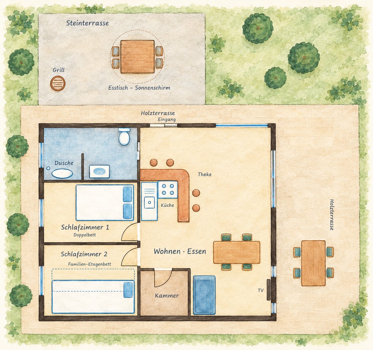 Grundriss Ferienhaus Egypte 9 Ost mit zwei Schlafzimmern, Familien-Etagenbett, Wohnbereich mit Küchentheke, Holzterrasse und Steinterrasse